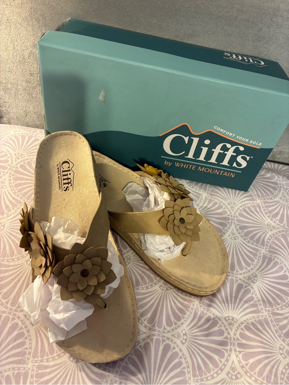 Cliffs by White Mountain Tan Thong Sandals with Flower Embellishments
